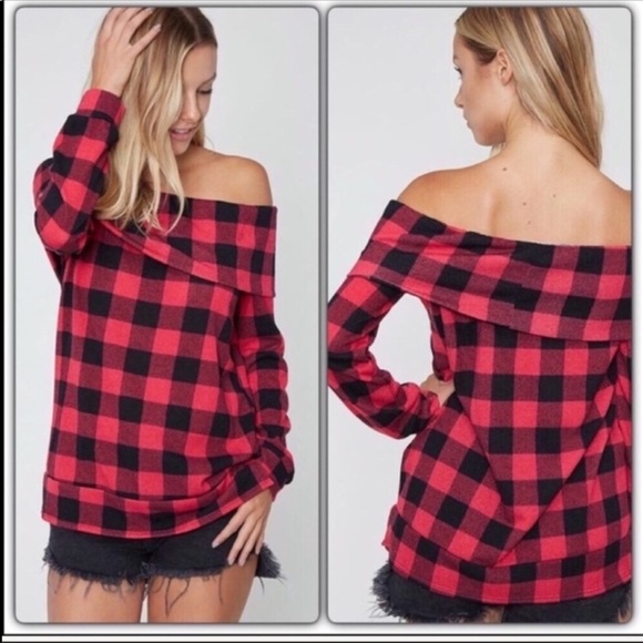 Red and Black Plaid Off the Shoulder Blouse - Picture 3 of 7